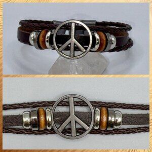 Boho Peace Sign Faux Leather Bracelet – 8” Blue and Black #1482